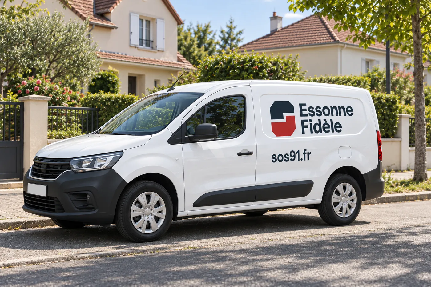 Véhicule d'intervention Essonne Fidèle stationné dans une rue pavillonnaire de l'Essonne