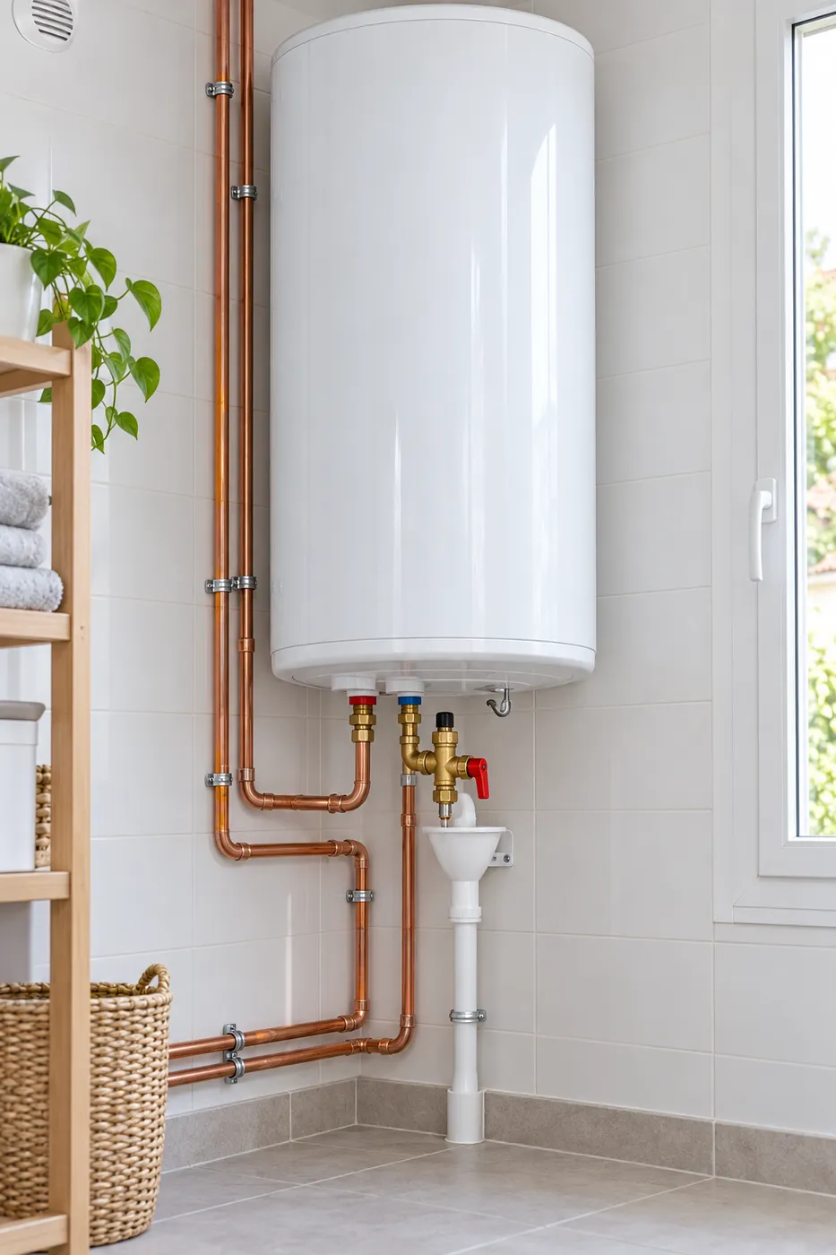 Chauffe-eau électrique mural neuf installé avec son groupe de sécurité et ses raccords cuivre