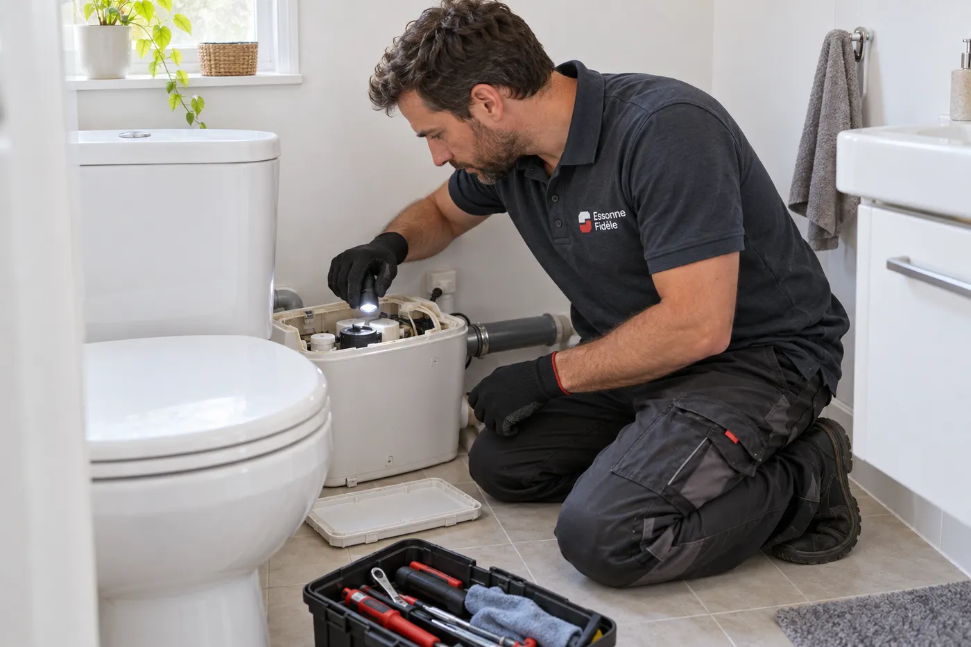 Plombier Essonne Fidèle contrôlant l'intérieur d'un sanibroyeur ouvert derrière un WC